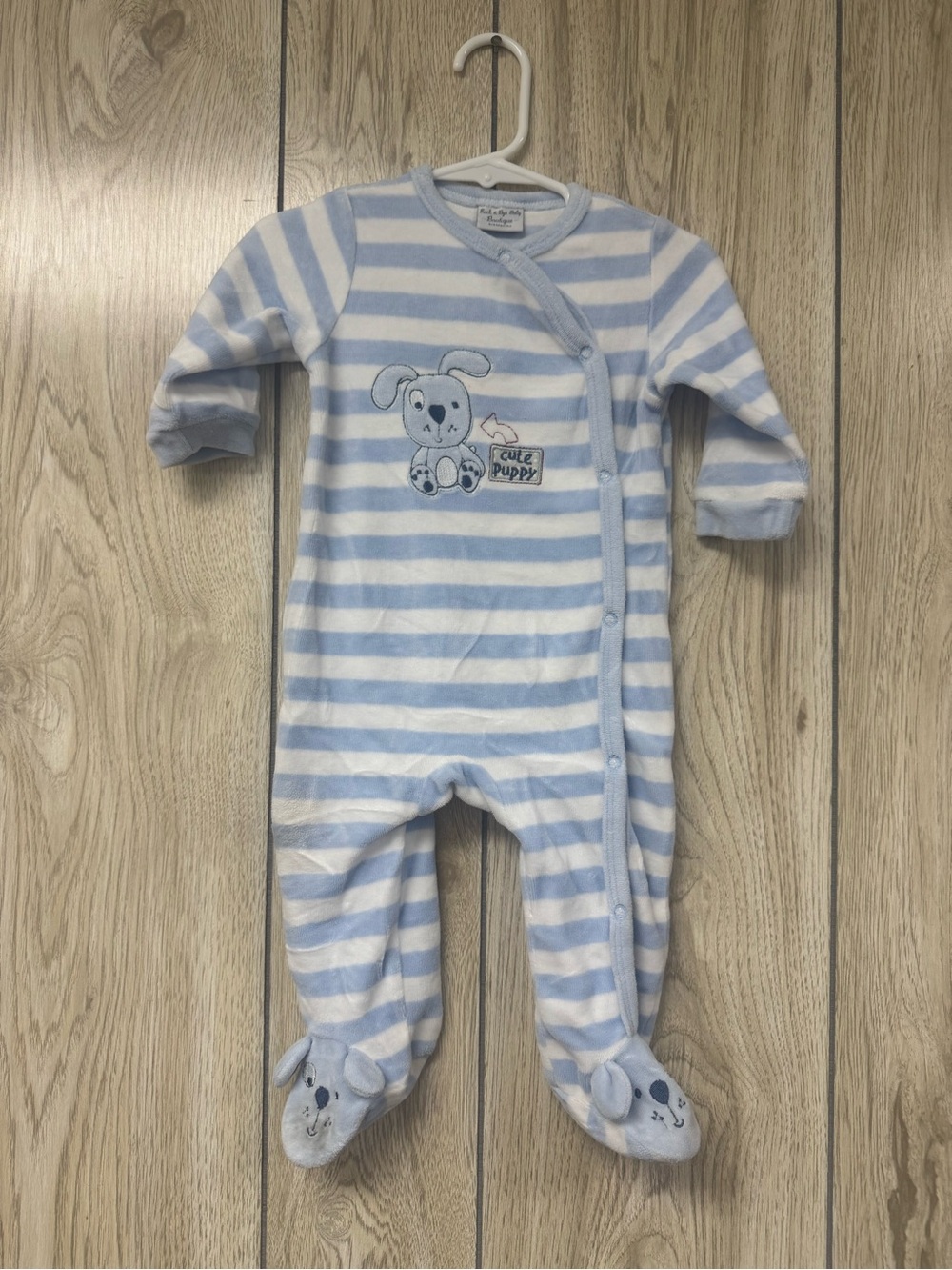 Striped Blue & White Baby Footed One-Piece with Puppy Applique